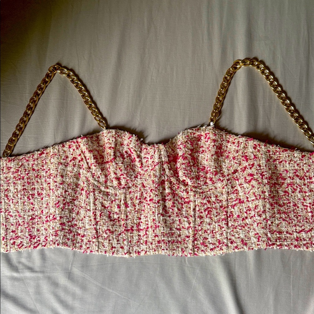 Alice + Olivia Tweed Crop Top with Gold Chain Straps nwt